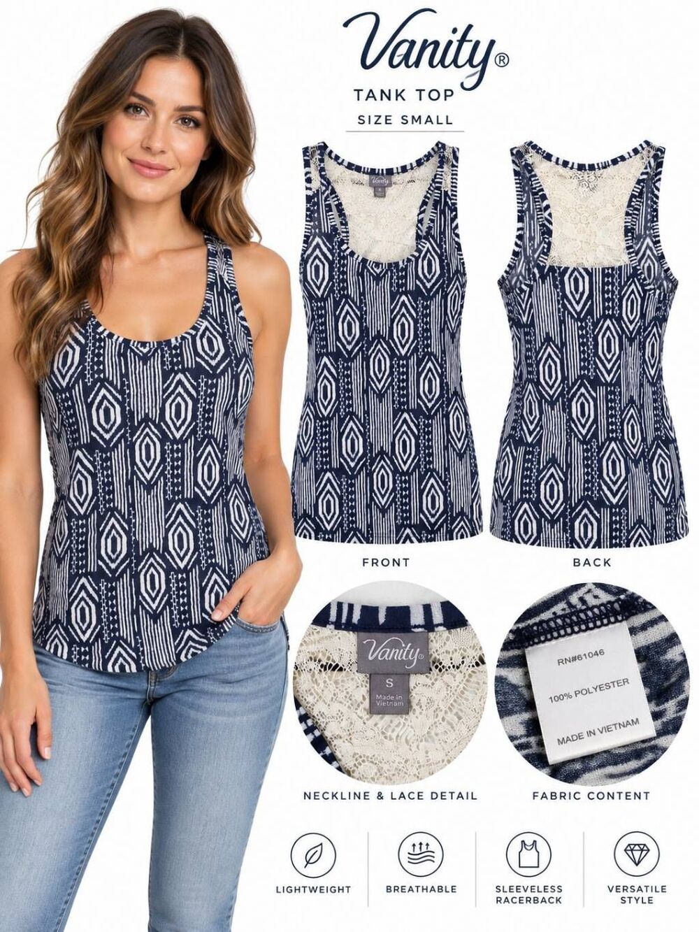 Vanity Small Navy/White Tank Top Lace Back
